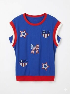 NEW Patriotic Sequin Sparkle Muscle Tee Americana Stars Hearts Bow Blue Top